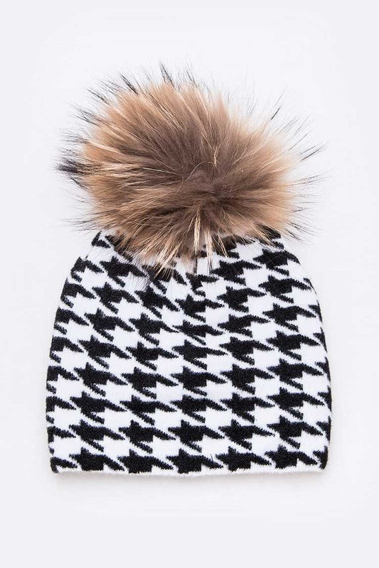 Mix Print Raccoon Fur Pom Iconic Beanie