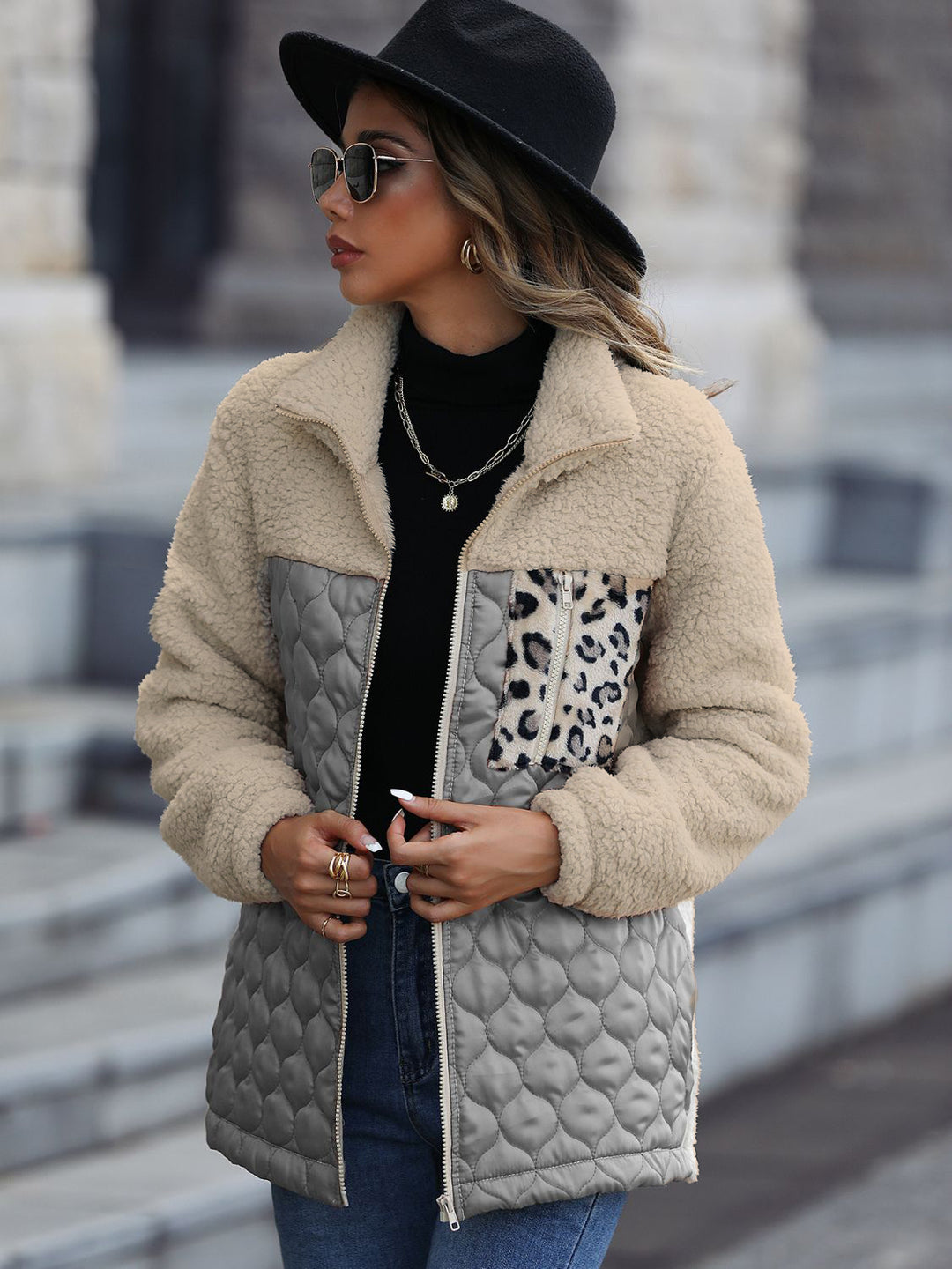 Leopard Color Block Zip-Up Jacket