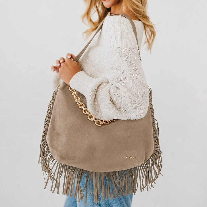 Kass Suede Fringe Slouchy Bag