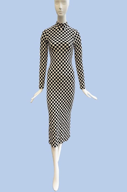 Checkered ribbed mock neck midi dress