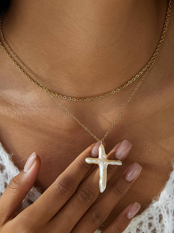 18K Pearl Cross Necklace