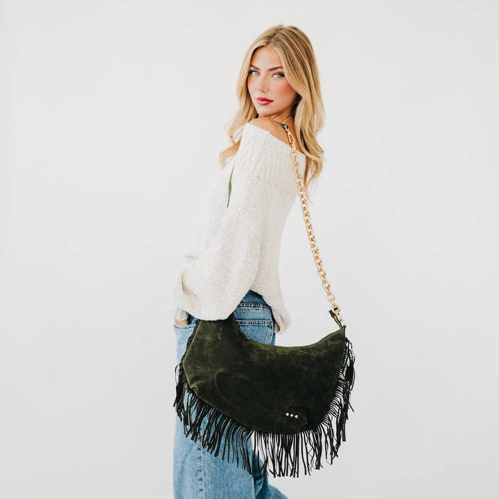 Kass Suede Fringe Slouchy Bag