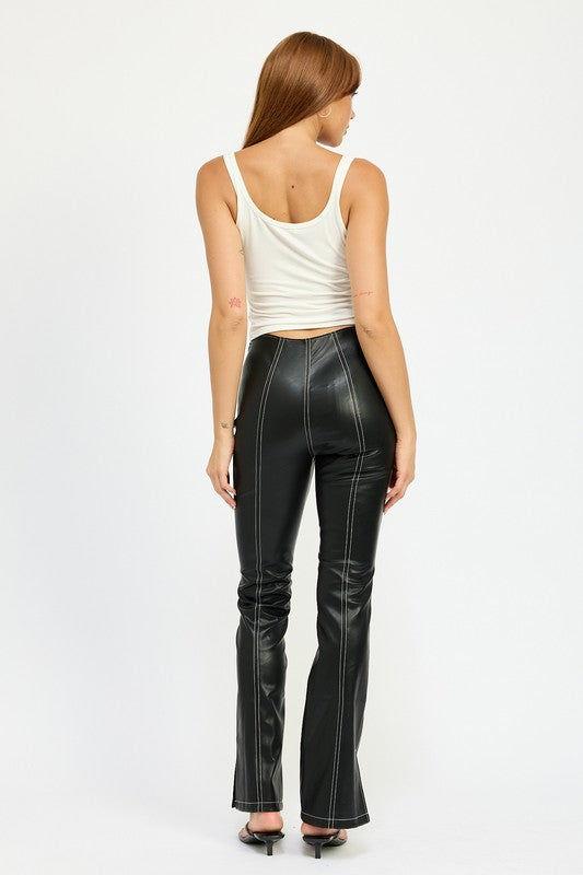 HIGH WAIST LEATHER PANTS WITH CONTRASTED STITCH