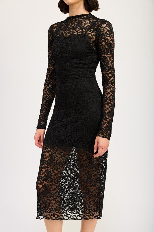 MOCK NECK MIDI LACE DRESS