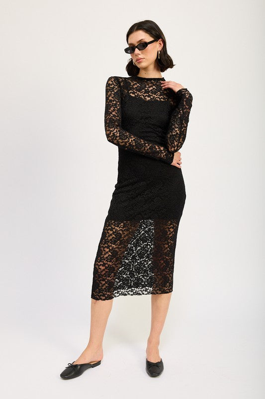 MOCK NECK MIDI LACE DRESS