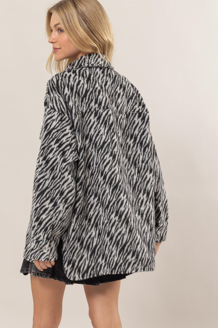 Black Zebra Print Snap Down Long Sleeve Shacket