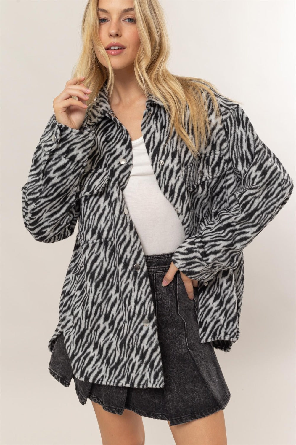 Black Zebra Print Snap Down Long Sleeve Shacket