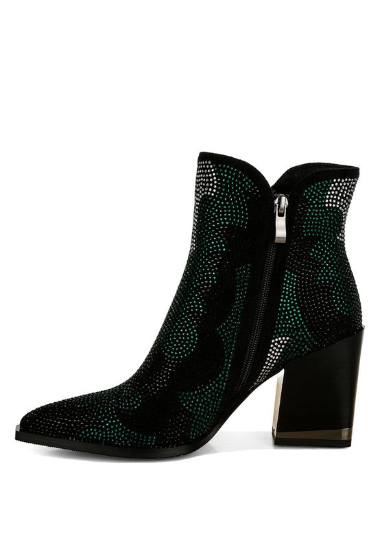 Zarka Rhinestones Embellished Block Heel Boots