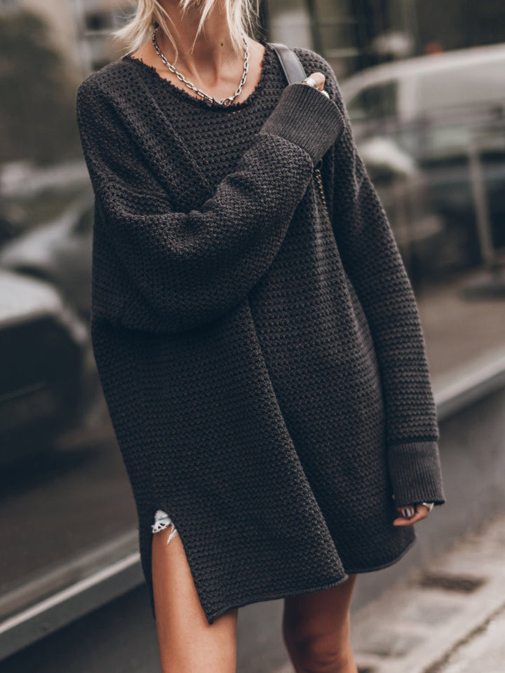 Round Neck Long Sleeve Slit Sweater