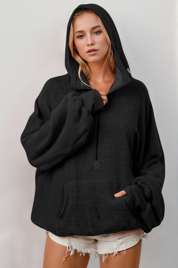 Double Take Full Size Half Zip Long Sleeve Hoodie with Kangaroo Pocket