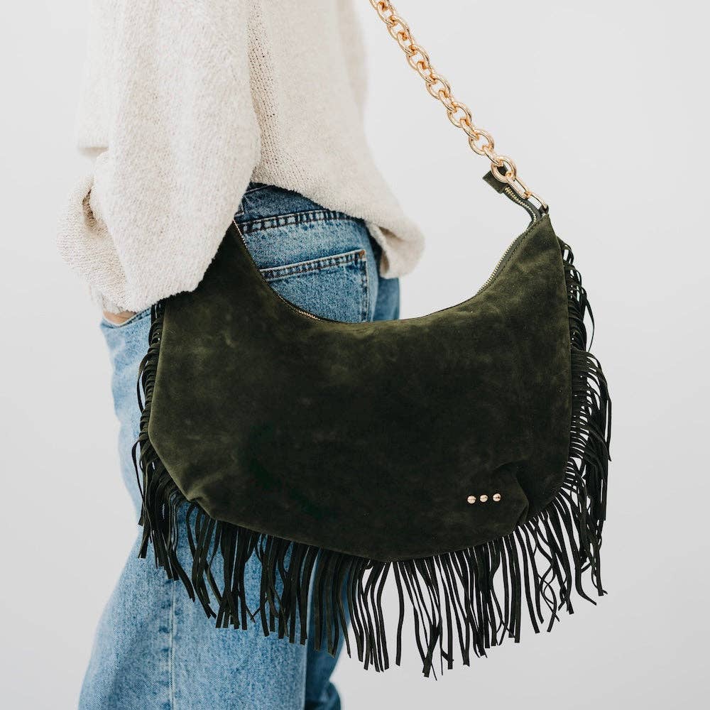 Kass Suede Fringe Slouchy Bag