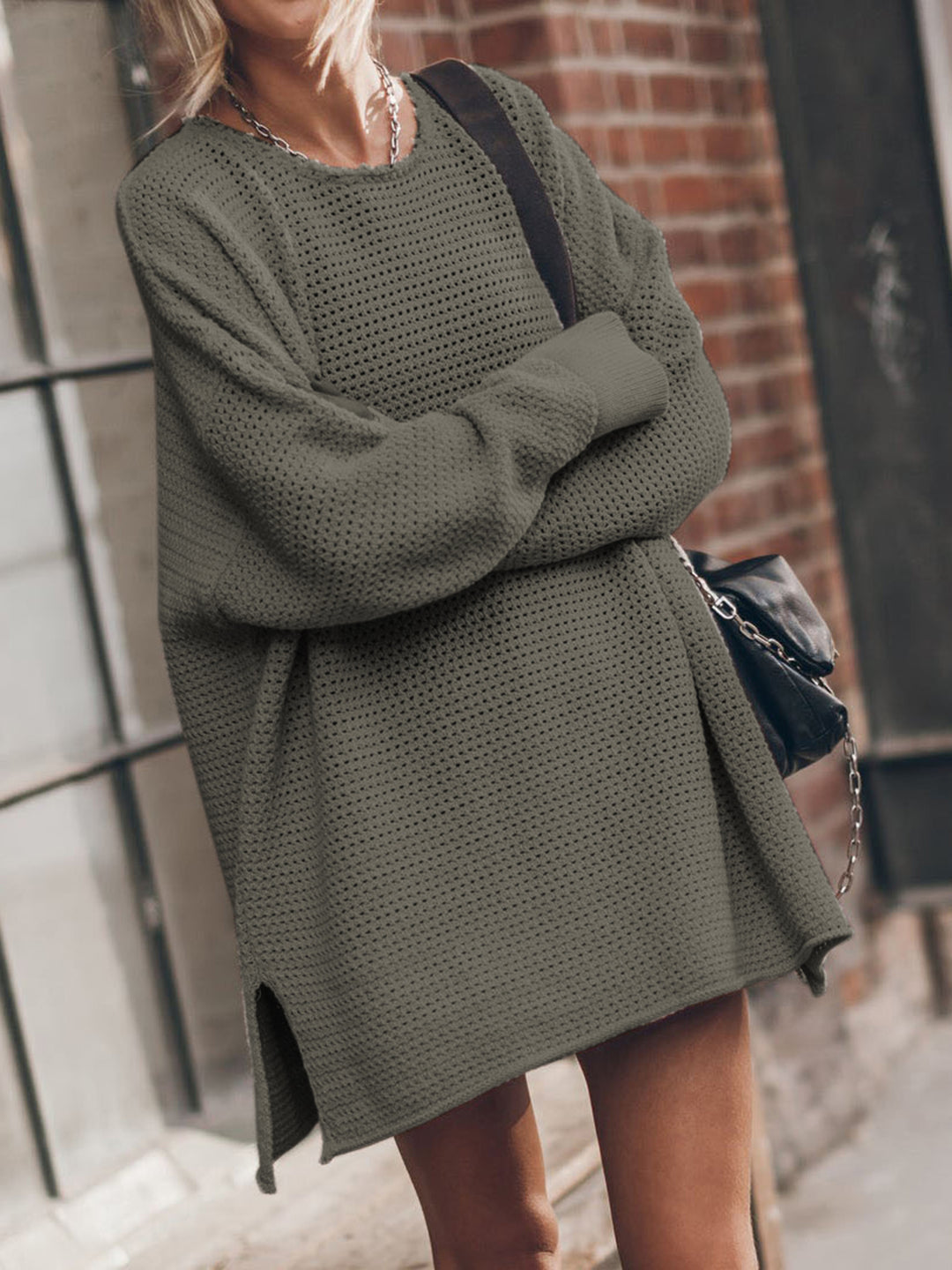 Round Neck Long Sleeve Slit Sweater