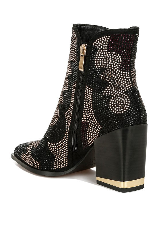 Zarka Rhinestones Embellished Block Heel Boots