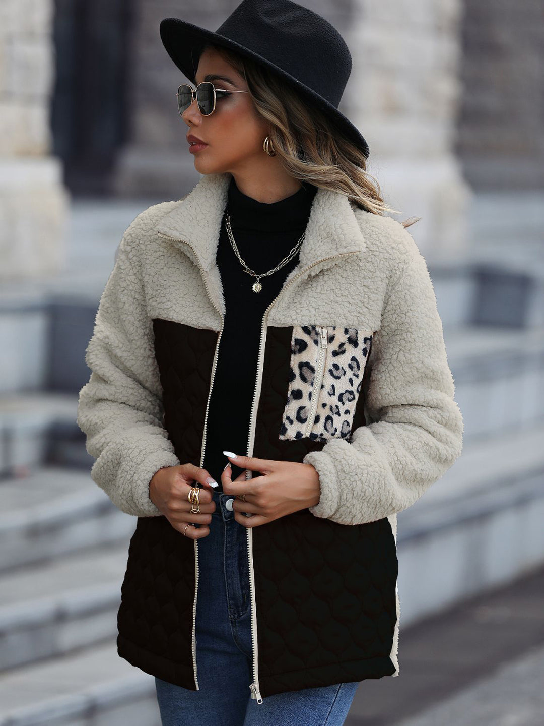 Leopard Color Block Zip-Up Jacket