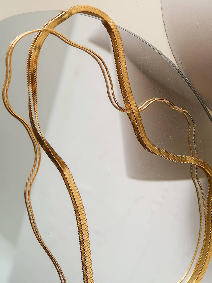 Jean 18K Gold Non-Tarnish Layered Flat Snake Chain Necklace