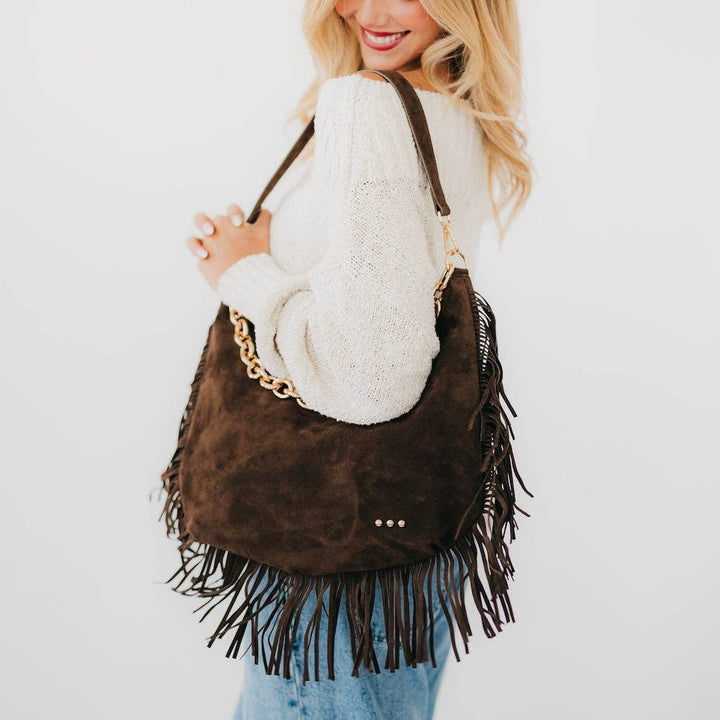Kass Suede Fringe Slouchy Bag