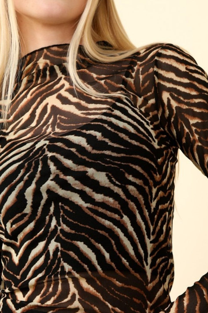 Sheer  Zebra Print Mock Neck Sheer Mesh Blouse