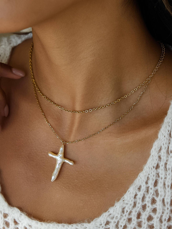 18K Pearl Cross Necklace