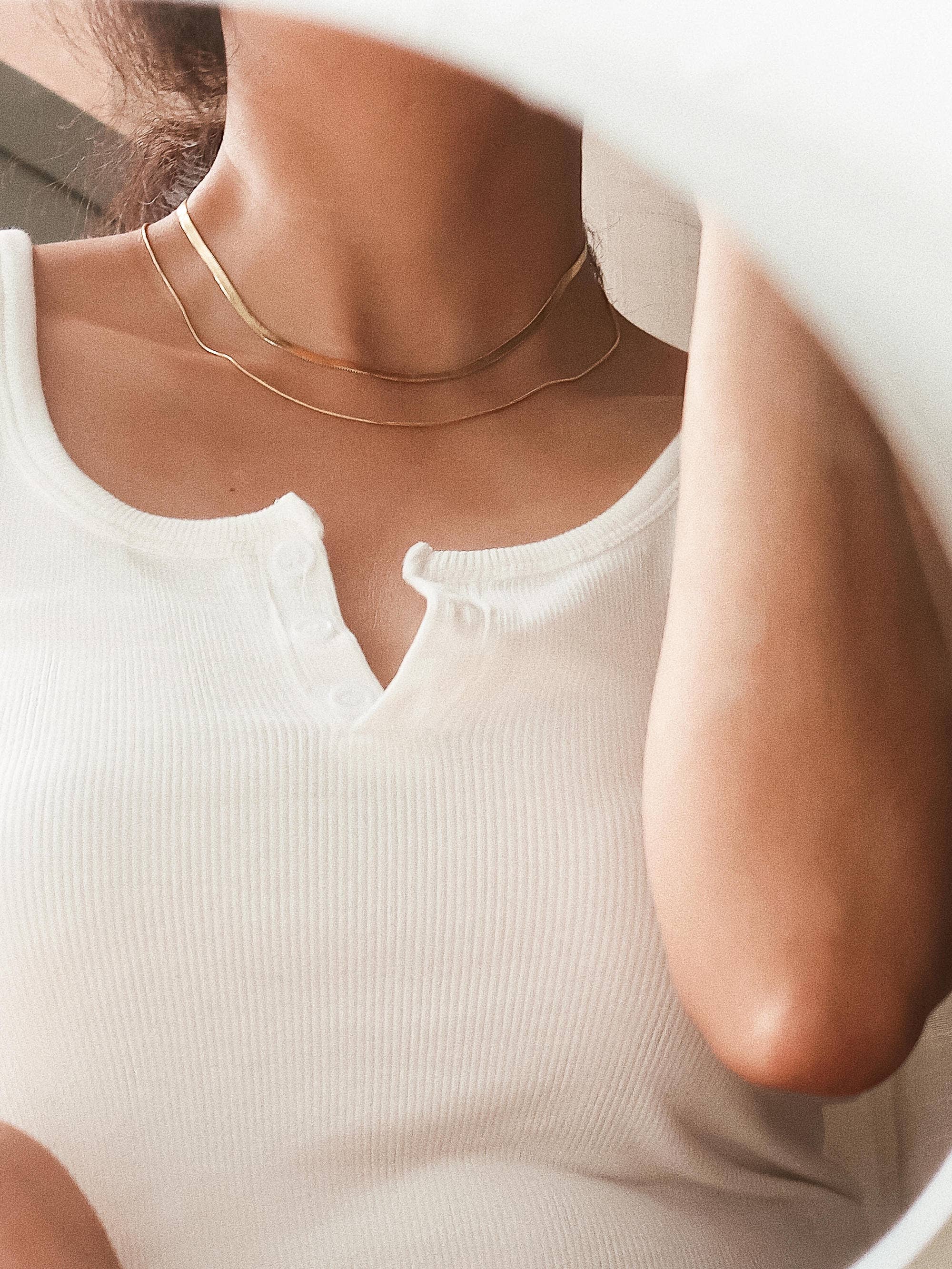 Jean 18K Gold Non-Tarnish Layered Flat Snake Chain Necklace