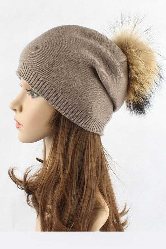 Fur PomPom Pre-Sewed Slouchy Beanie