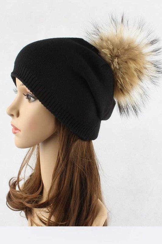 Fur PomPom Pre-Sewed Slouchy Beanie