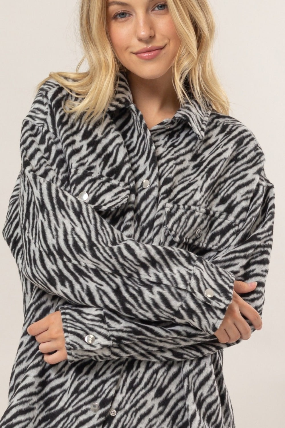 Black Zebra Print Snap Down Long Sleeve Shacket