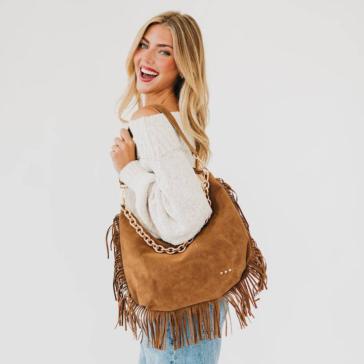 Kass Suede Fringe Slouchy Bag