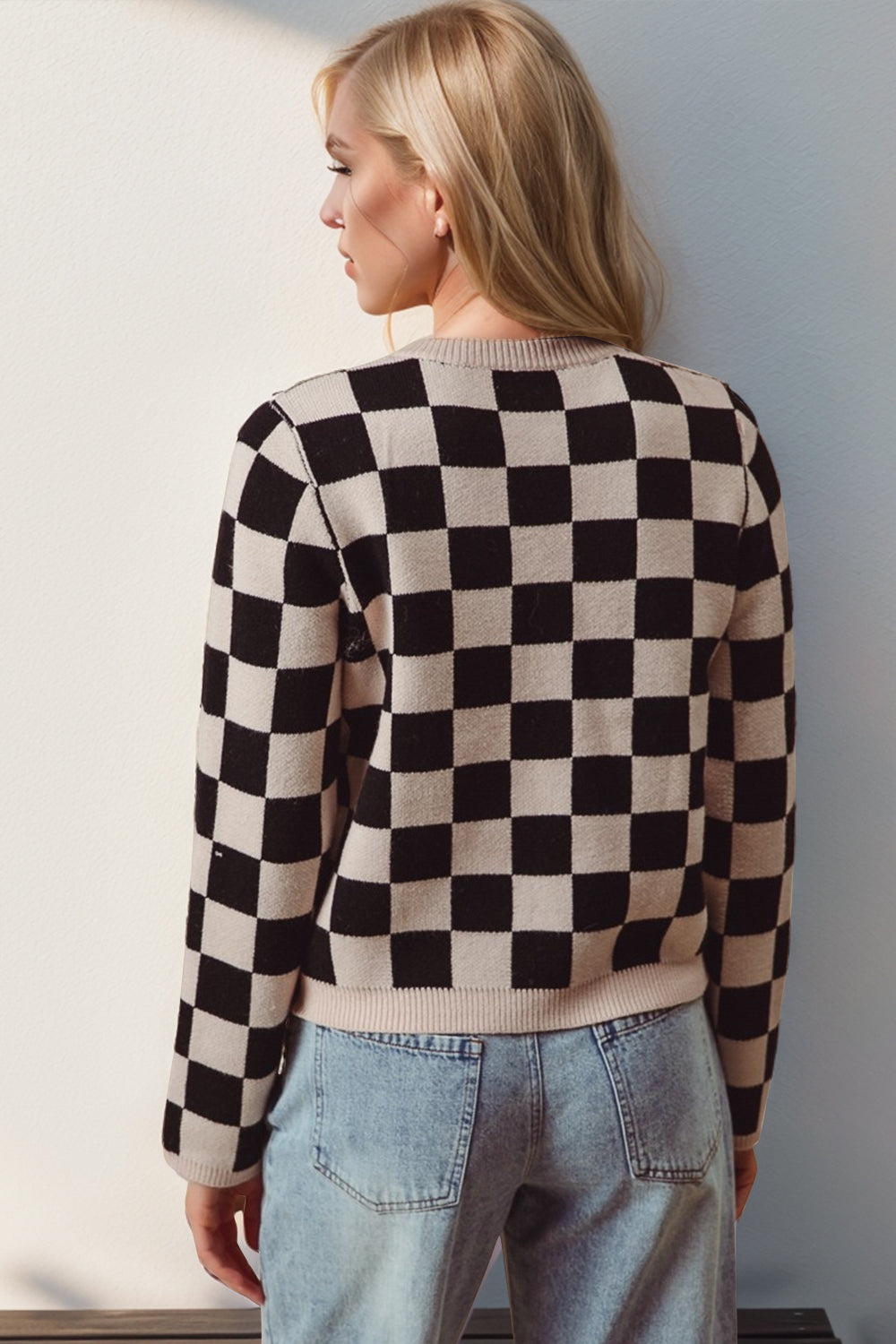 Checkered Tie Front Long Sleeve Cardigan