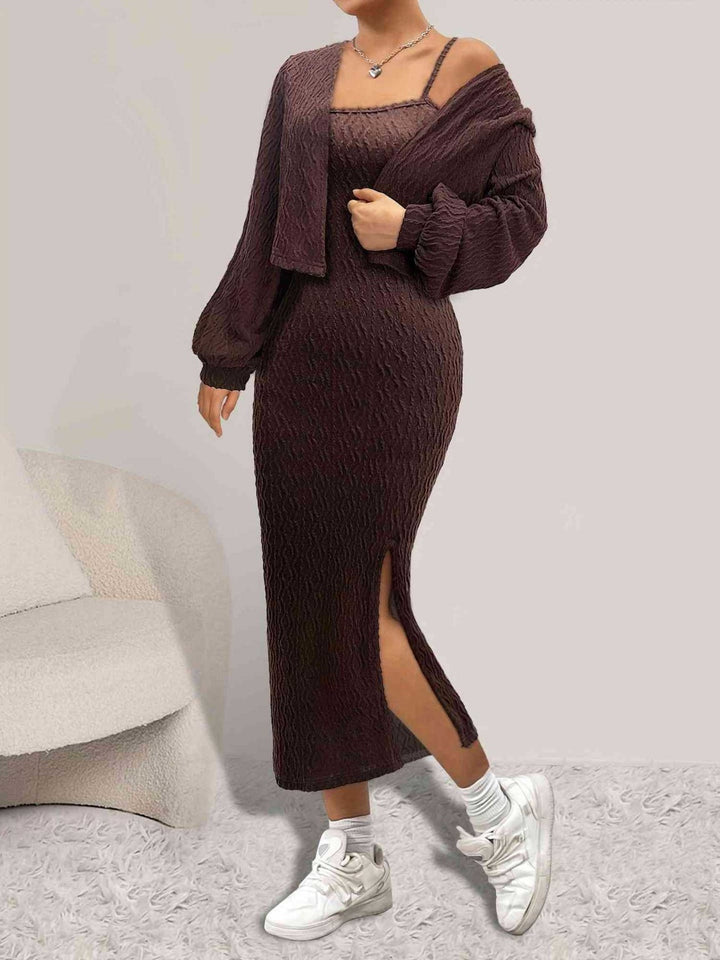 Open Front Long Sleeve Cardigan and Side Slit Cami Dress Set