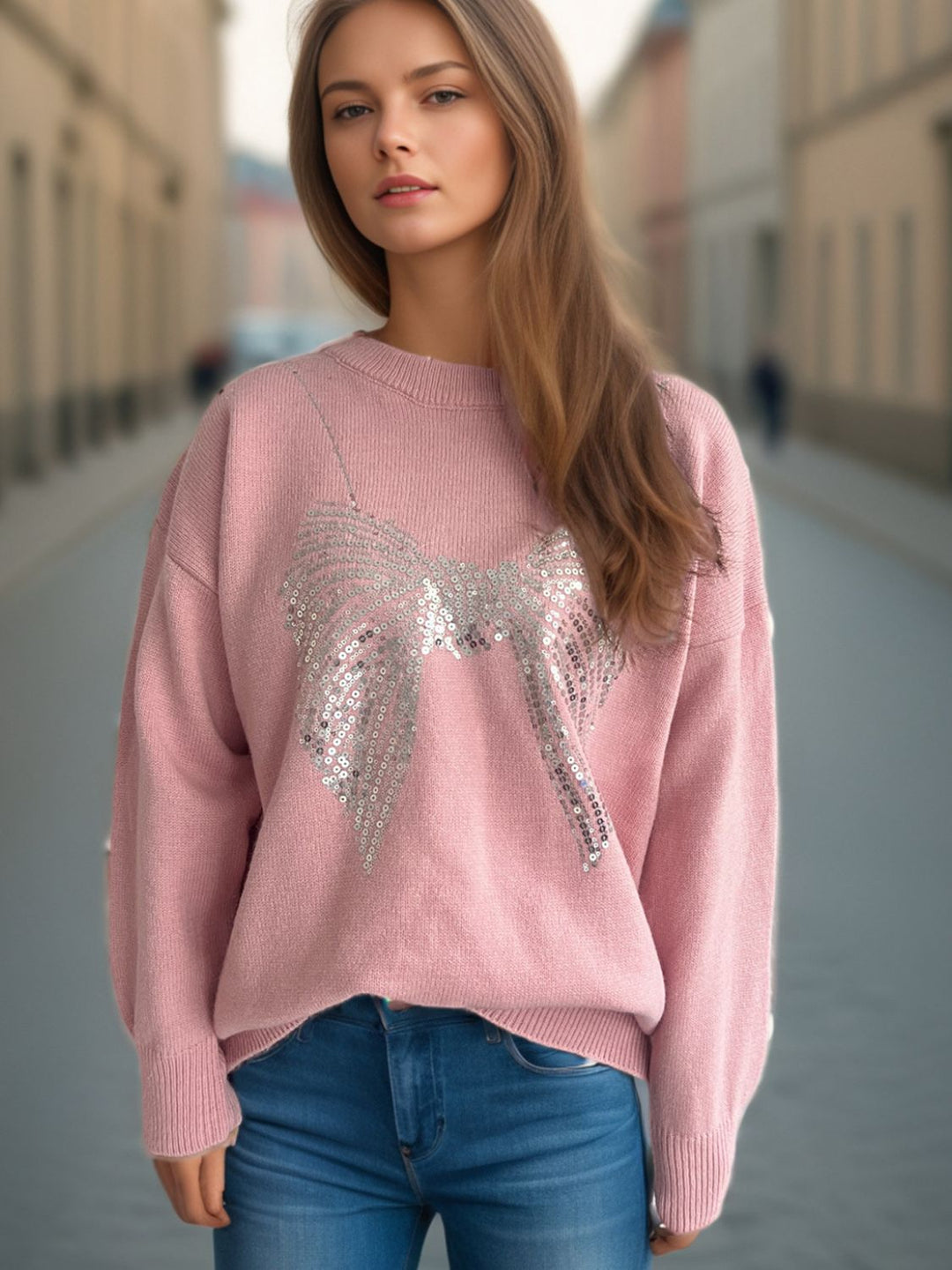 Sequin Bow Round Neck Long Sleeve Sweater