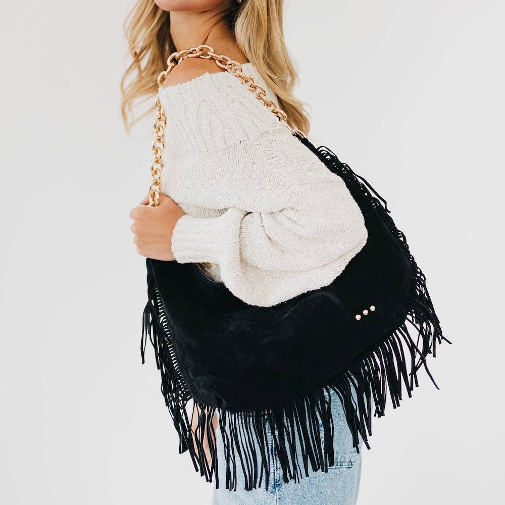 Kass Suede Fringe Slouchy Bag
