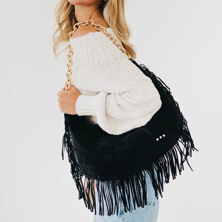 Kass Suede Fringe Slouchy Bag