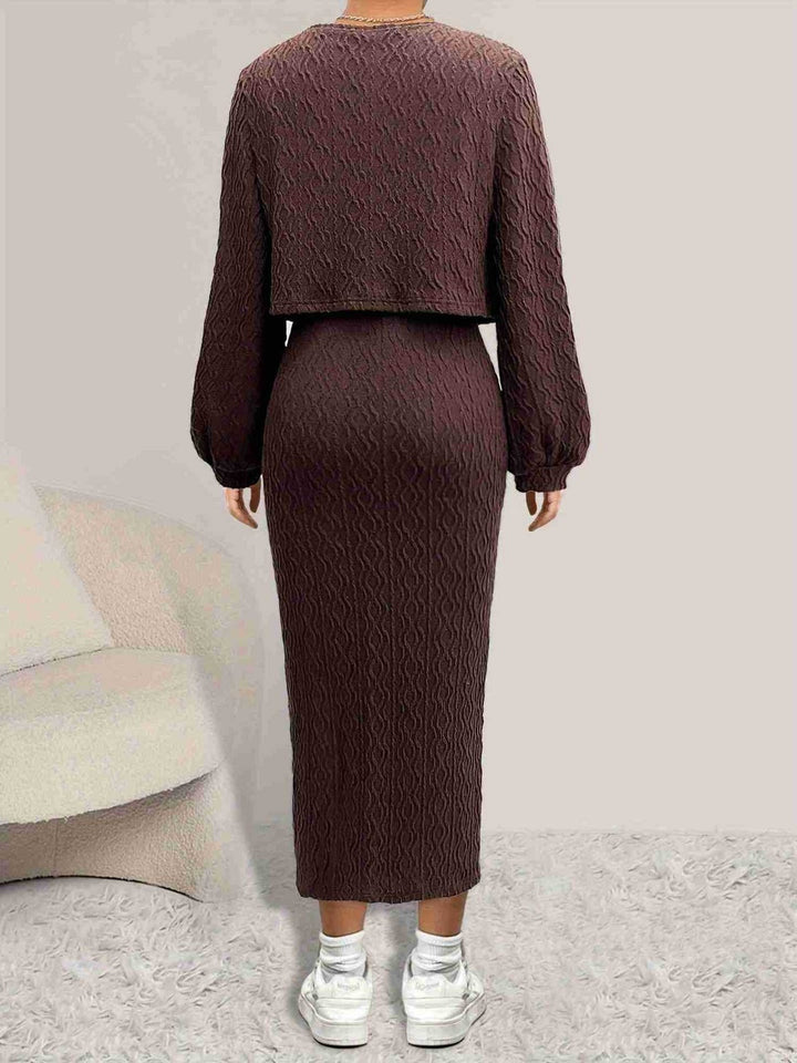 Open Front Long Sleeve Cardigan and Side Slit Cami Dress Set