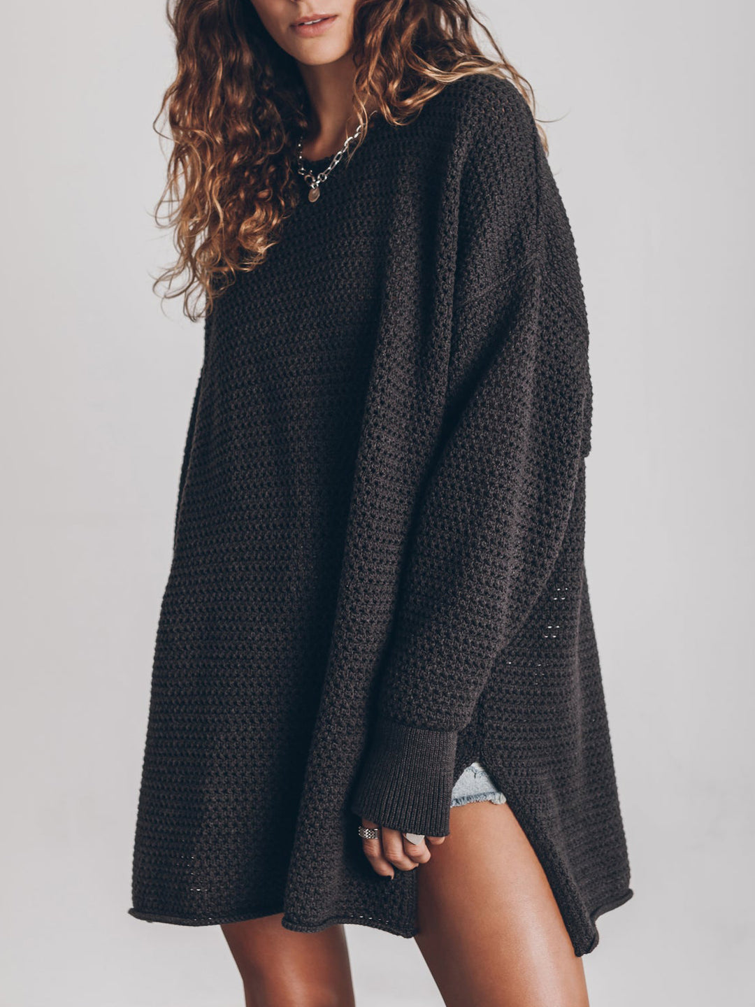 Round Neck Long Sleeve Slit Sweater