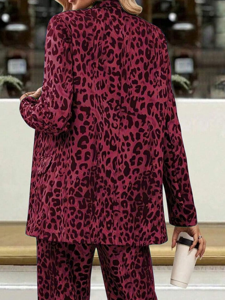 Full Size Leopard Lapel Collar Long Sleeve Blazer and Pants Set